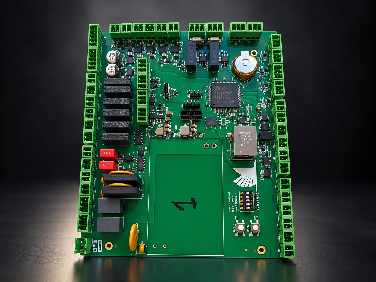 Building heating controller PCB with relays and terminal blocks for hydronic systems
